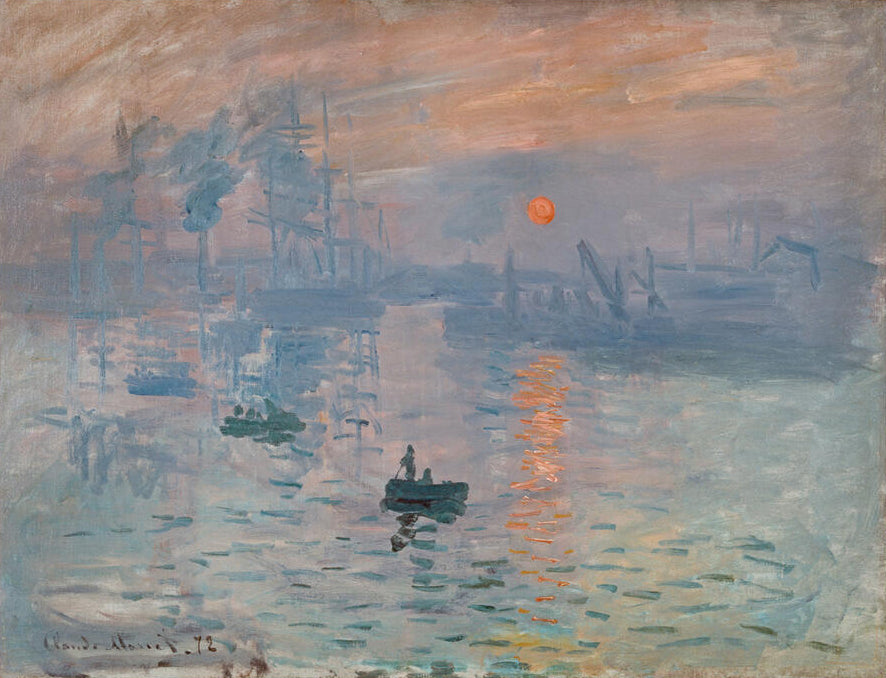 Impression Sonnenaufgang von Claude Monet: Impressionistisches Gemälde eines Hafens bei Sonnenaufgang, mit orangefarbenem Licht auf ruhigem Wasser und schemenhaften Booten im Nebel.
