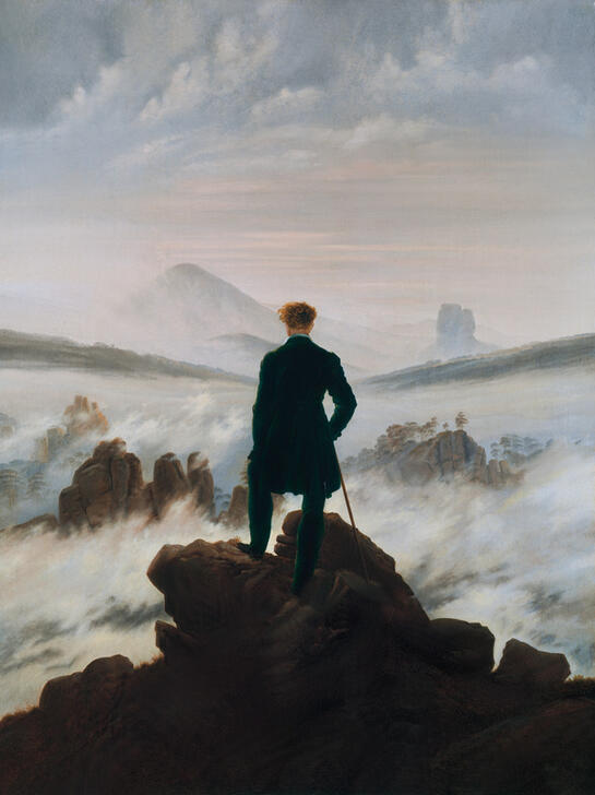 Romantisches Gemälde 'Der Wanderer über dem Nebelmeer' von Caspar David Friedrich, das einen einsamen Wanderer auf einem Felsen zeigt, der in eine weite, nebelverhangene Landschaft blickt.