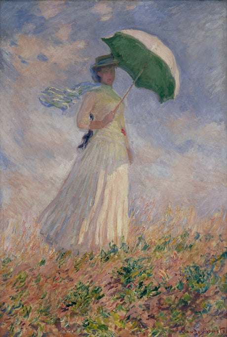 Claude Monets „Frau mit Sonnenschirm, nach rechts gedreht“ zeigt eine Frau mit einem Sonnenschirm, die in einer grünen Landschaft spaziert. Die sanften Farben und das Lichtspiel verleihen dem Werk Leben.