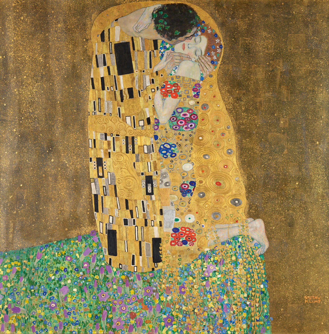 „Der Kuss“ von Gustav Klimt: Darstellung eines eng umschlungenen Paares, umrahmt von goldenen und ornamentalen Mustern, symbolisierend Liebe und Leidenschaft im Jugendstil.