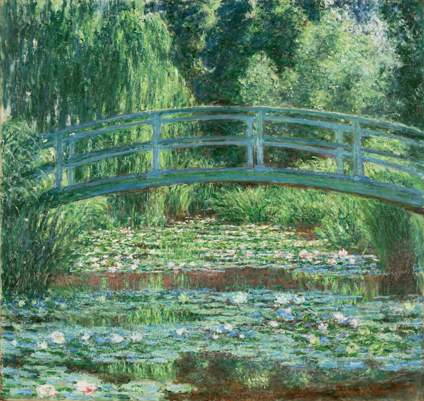 Impressionistische Darstellung der japanischen Fußbrücke über den Seerosenteich in Giverny, umgeben von üppigem Grün und reflektierendem Wasser, gemalt von Claude Monet.