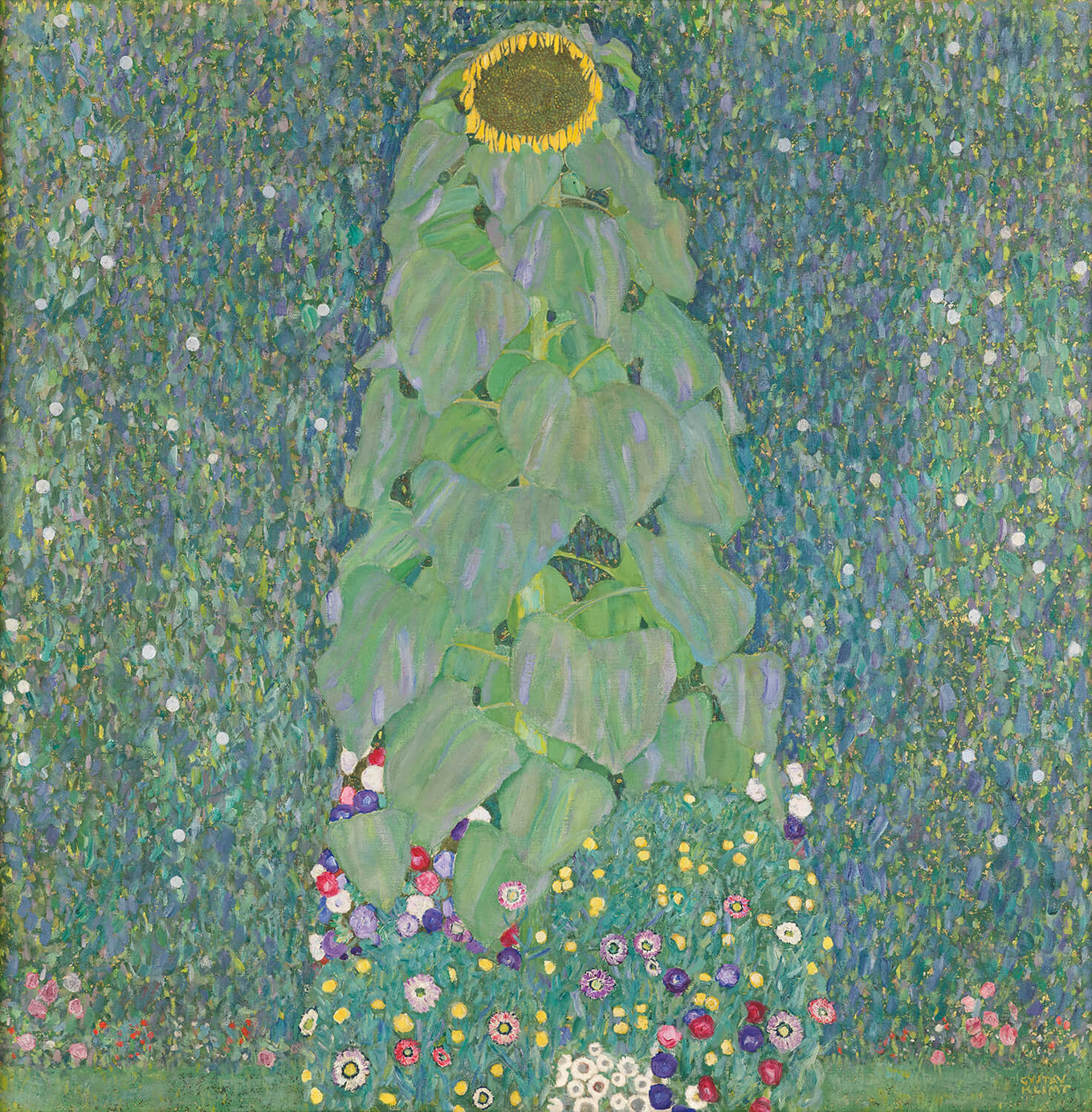 Das Gemälde Sonnenblume von Gustav Klimt zeigt eine hochgewachsene, leuchtend gelbe Sonnenblume, umgeben von dichtem grünen Laub und bunten Blüten. Die detailreiche Darstellung mit intensiven Farben und feinen Strukturen verleiht dem Bild eine lebendige, natürliche Ausstrahlung.