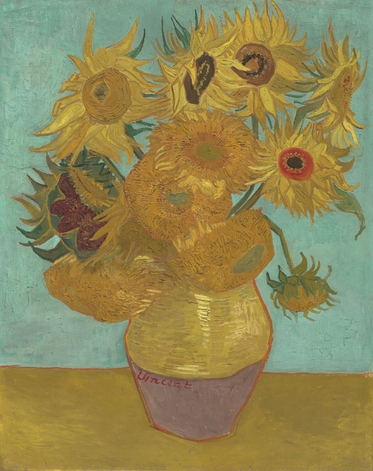„Sonnenblumen“ von Vincent van Gogh zeigt eine Vase mit leuchtend gelben Sonnenblumen. Das Gemälde beeindruckt durch kräftige Farben und die einzigartige Pinselstrichtechnik des Künstlers, die die Blumen lebendig und dynamisch erscheinen lässt. Ein wahrer Klassiker der Kunstgeschichte.