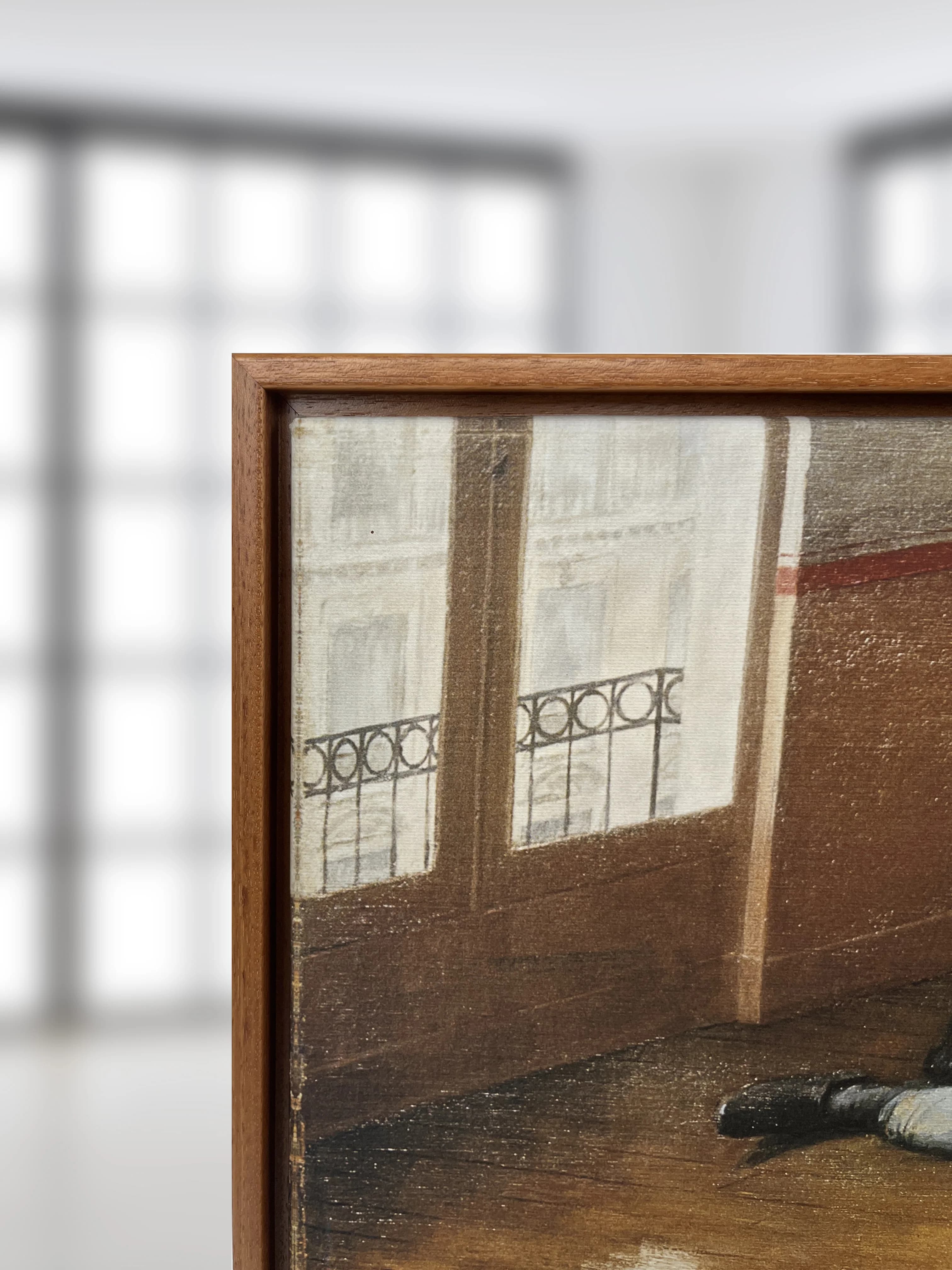 Detail: Leinwandstruktur im Schattenfugenrahmen Teak