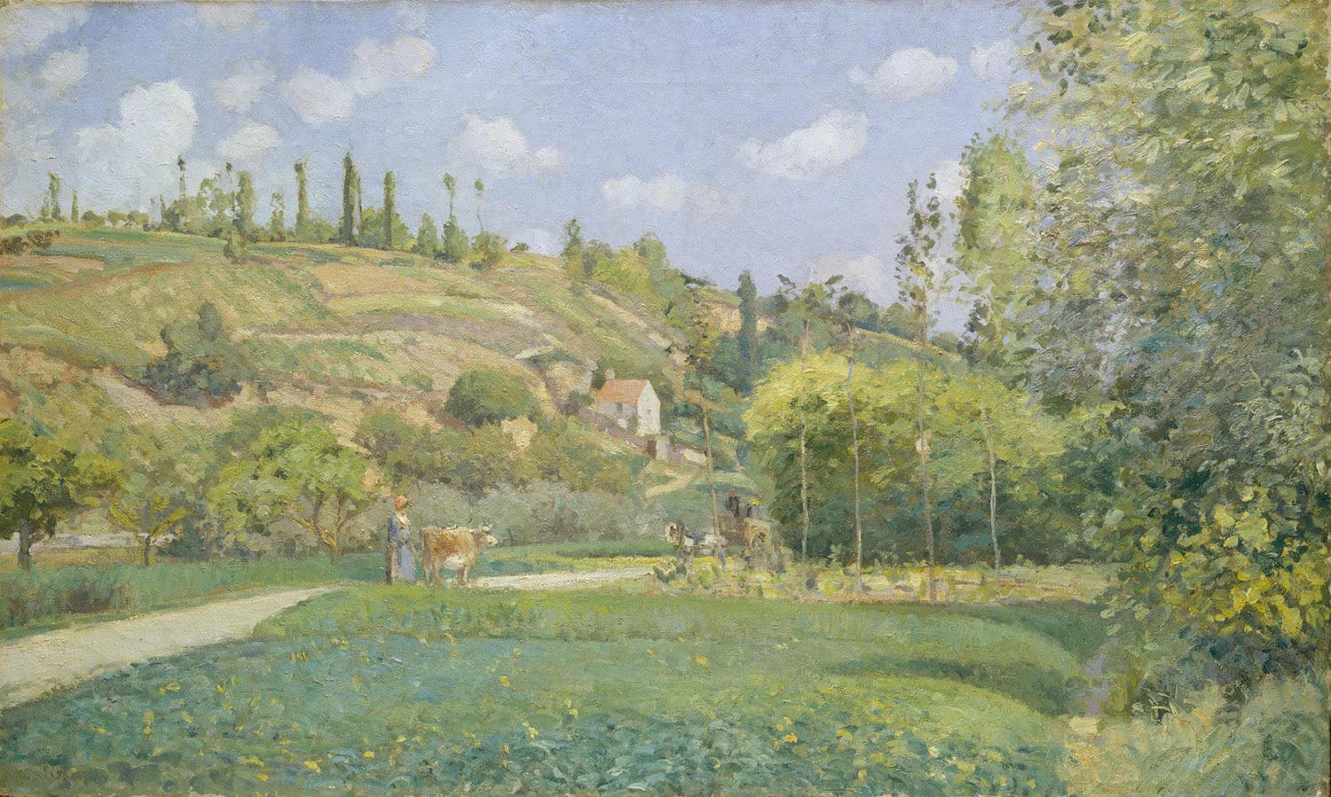 „Ein Kuhhirte in Valhermeil, Auvers-sur-Oise“ von Camille Pissarro zeigt einen Kuhhirten, der durch die grünen Felder von Auvers-sur-Oise geht. Mit sanften Pinselstrichen und einer lebendigen Farbpalette fängt Pissarro die ruhige ländliche Atmosphäre ein, die typisch für den Impressionismus ist.