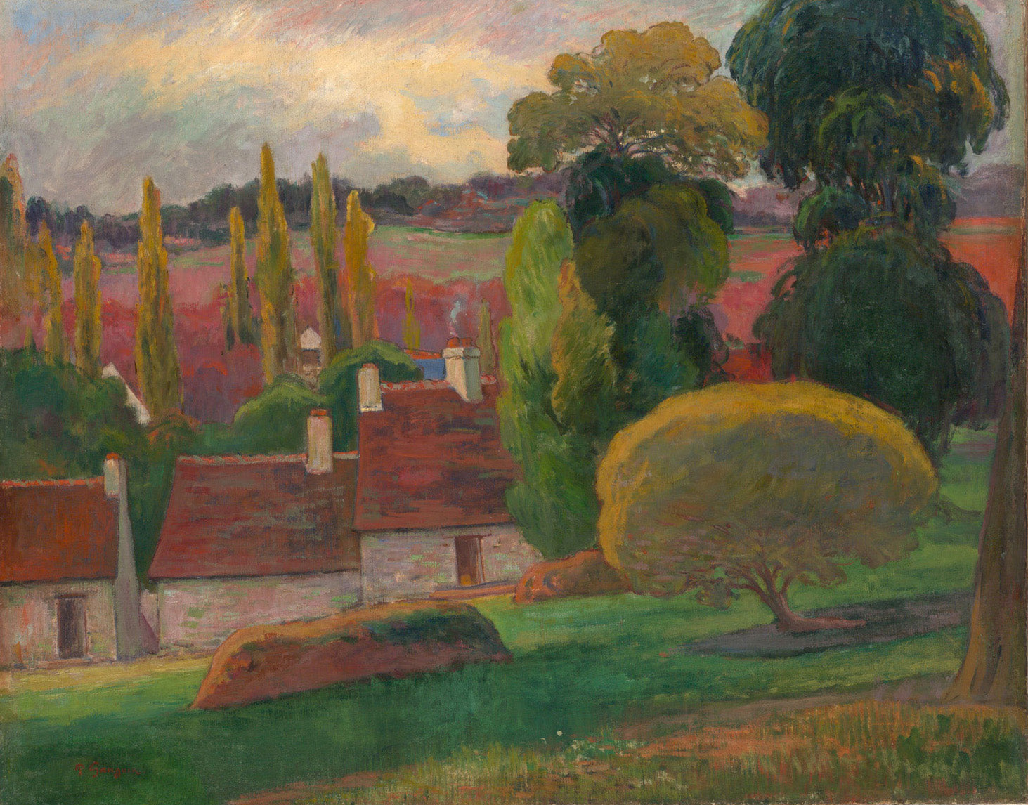 „Ein Bauernhof in der Bretagne“ von Paul Gauguin zeigt ein traditionelles Bauernhaus inmitten der bretonischen Landschaft. Das Gemälde fängt die ländliche Ruhe und friedliche Schönheit der Region in kräftigen Farben und einfachen Formen ein, was Gauguins einzigartigen Stil unterstreicht.