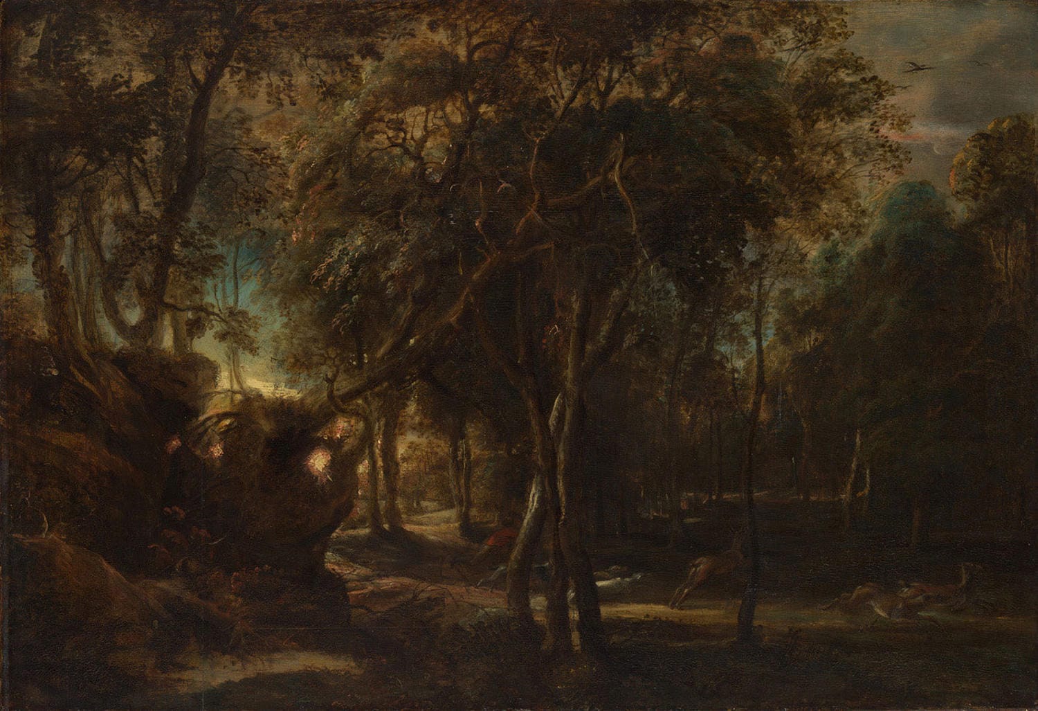 Barockes Gemälde von Peter Paul Rubens, das eine lebendige Hirschjagd im Morgengrauen in einer detaillierten Waldlandschaft zeigt, mit dramatischer Bewegung und eindrucksvollem Spiel von Licht und Schatten.