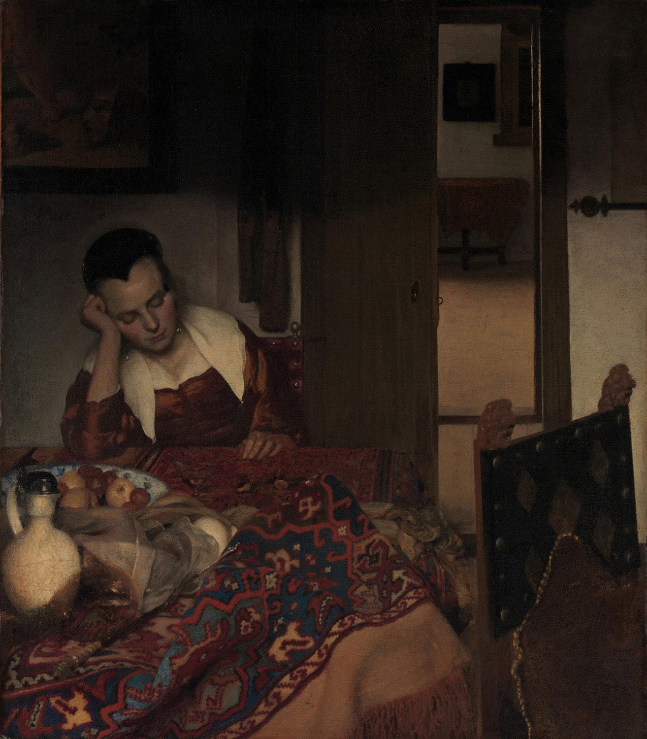 Schlafendes Mädchen, gemalt von Johannes Vermeer, zeigt eine junge Frau, die ruhig schläft, umgeben von sanften Blau- und Gelbtönen und meisterhaftem Licht-Schatten-Spiel, das die Intimität und Ruhe der Szene betont.