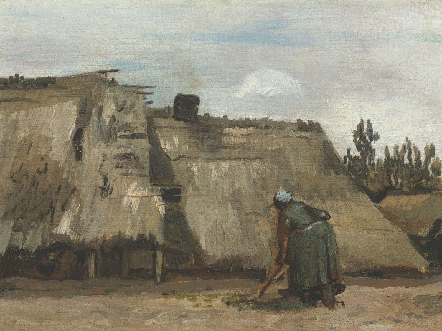 
A Peasant Woman Digging in Front of Her Cottage – Vincent van Gogh: Eine ländliche Szene, die eine Bäuerin zeigt, die vor ihrer bescheidenen Hütte gräbt. Das Gemälde ist durch kräftige Pinselstriche und erdige Farbtöne geprägt und fängt die Würde und Einfachheit der landwirtschaftlichen Arbeit ein. Die Komposition betont die Verbindung der Frau mit der Erde und zeigt die rohe, texturierte Schönheit des täglichen Lebens auf dem Land.