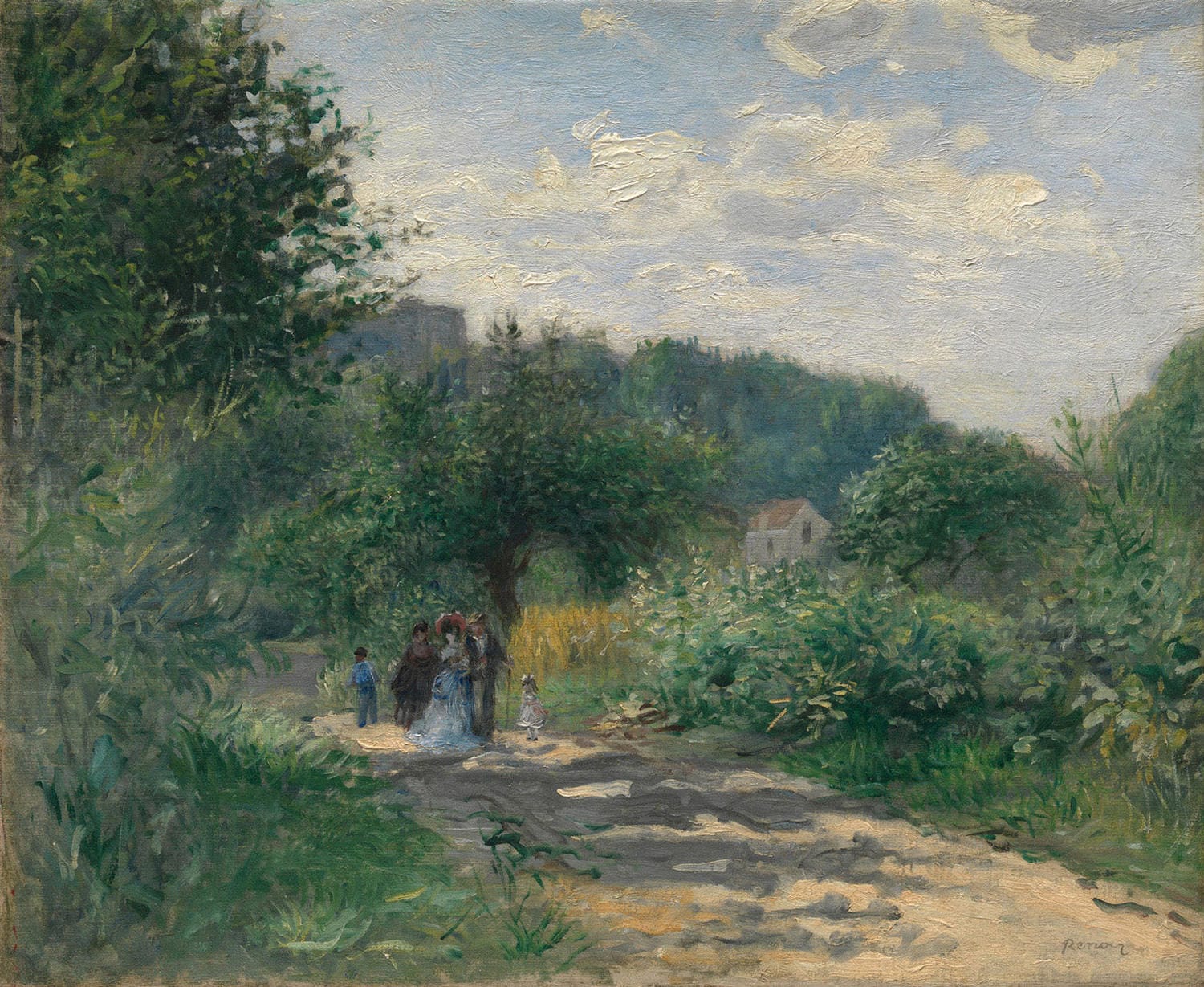 Impressionistisches Gemälde von Pierre-Auguste Renoir, das eine malerische Straße in Louveciennes zeigt. Lebendige Pinselstriche und warme Farben fangen die ruhige, sonnige Dorfatmosphäre ein.