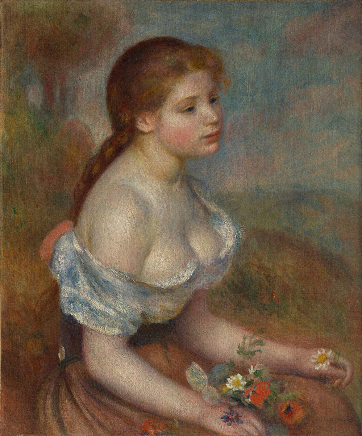 Impressionistisches Porträt von Pierre-Auguste  Renoir, das ein junges Mädchen mit Gänseblümchen zeigt. Weiche Pinselstriche und warme Farben verleihen der Szene eine zarte, verträumte Atmosphäre.