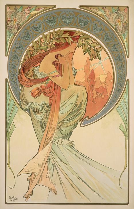 Jugendstil-Kunstreproduktion einer weiblichen Allegorie der Poesie von Alfons Mucha mit floralen Elementen.