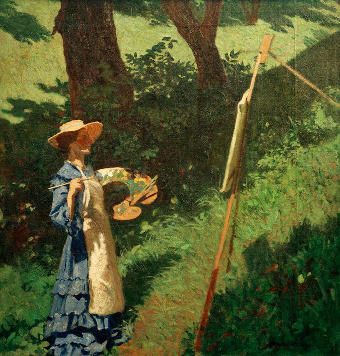 Sitzende Künstlerin beim Malen, Gemälde „Malerin“ von Károly Ferenczy als Kunstdruck