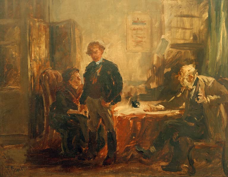 Studie zu „Beim Auswanderungs-Agenten“ von Ferdinand Brütt – Ölstudie einer Auswanderungsszene mit wartenden Menschen, realistische Genremalerei des 19. Jahrhunderts