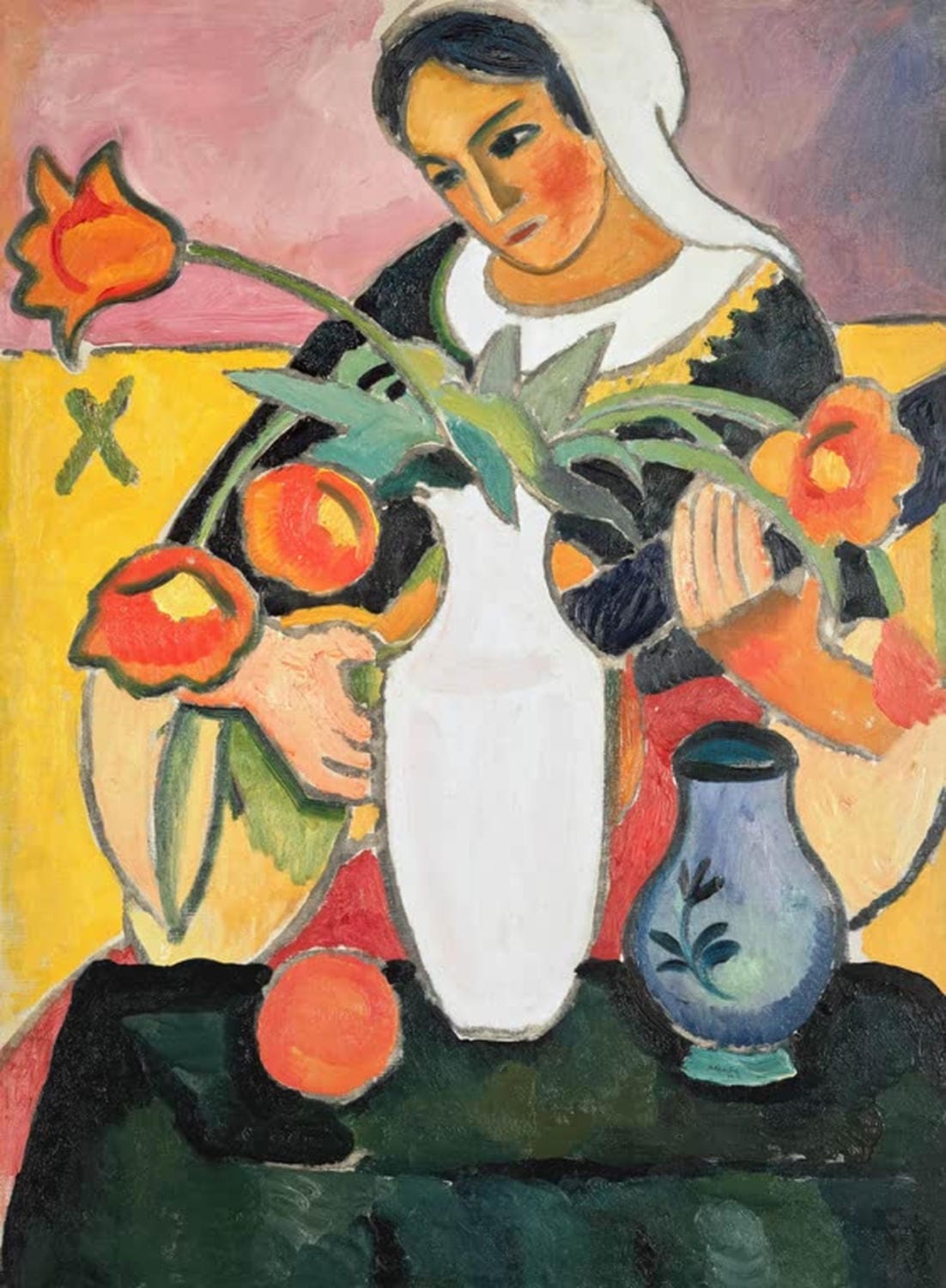 Gemälde Lautenspielerin von August Macke mit Frau, Laute, Blumen und Vasen