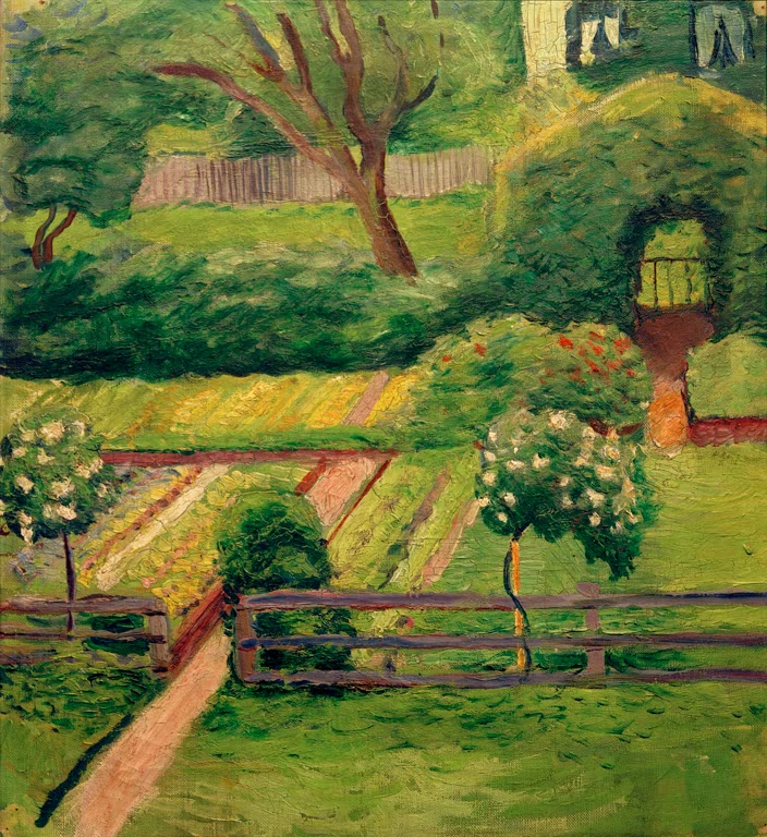 Gemälde Rosengärtchen in Tegernsee von August Macke mit grünem Garten und blühenden Sträuchern