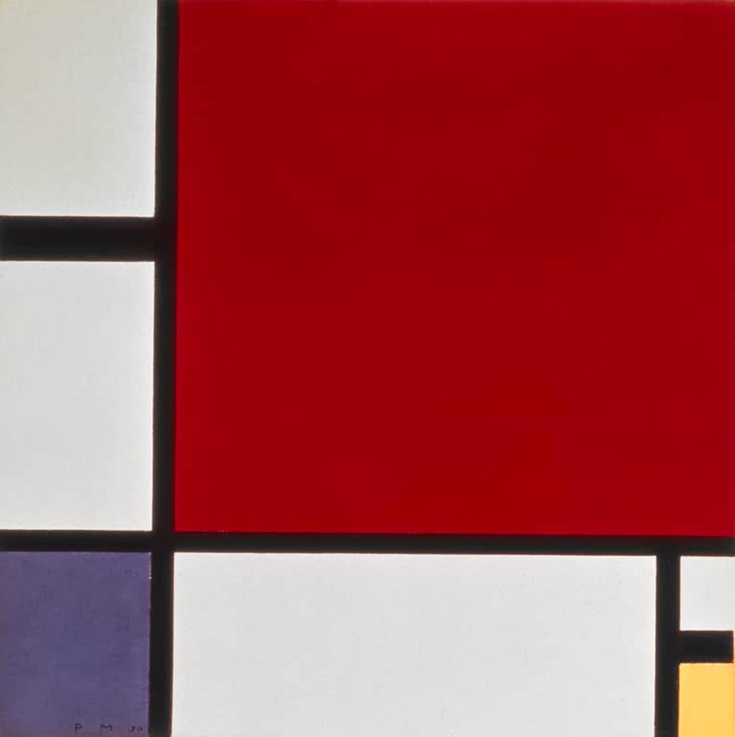 Piet Mondrian Gemälde „Komposition mit Rot, Blau und Gelb“ – abstraktes Werk mit klaren schwarzen Linien und farbigen Flächen in Rot, Blau und Gelb.