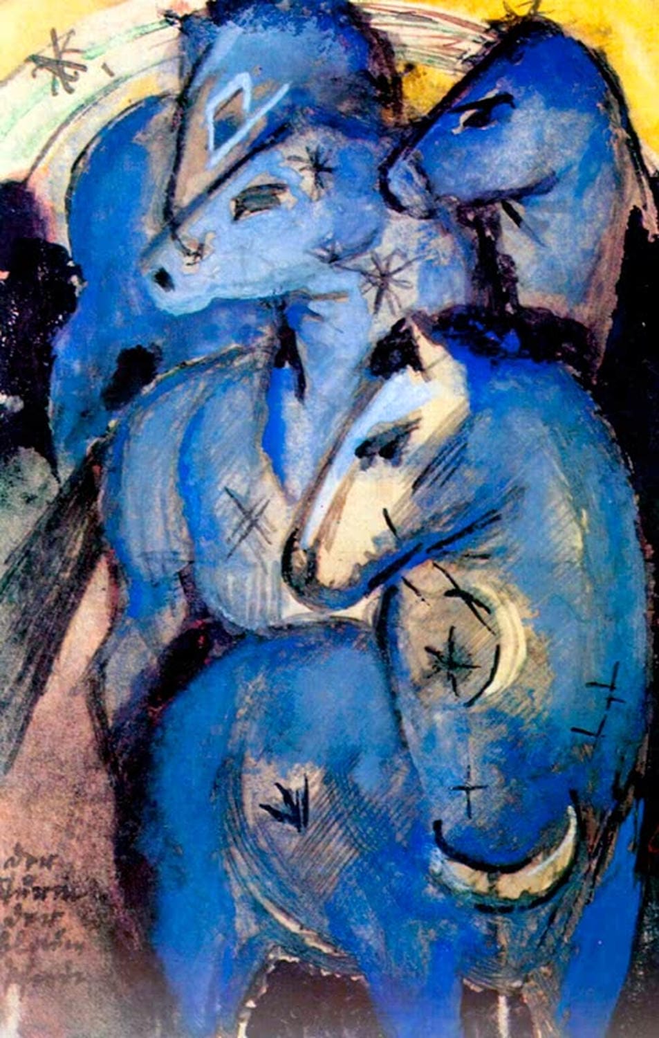 Kunstdruck „Turm blauer Pferde“ von Franz Marc – expressionistisches Pferde-Motiv mit blauen Pferden als hochwertiger Kunstdruck, auf Leinwand oder Poster, optional gerahmt, handgefertigt in Deutschland.