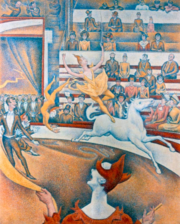 Kunstdruck des Gemäldes „Der Zirkus“ von Georges Seurat mit Zirkusreiterin und Publikum in pointillistischer Technik