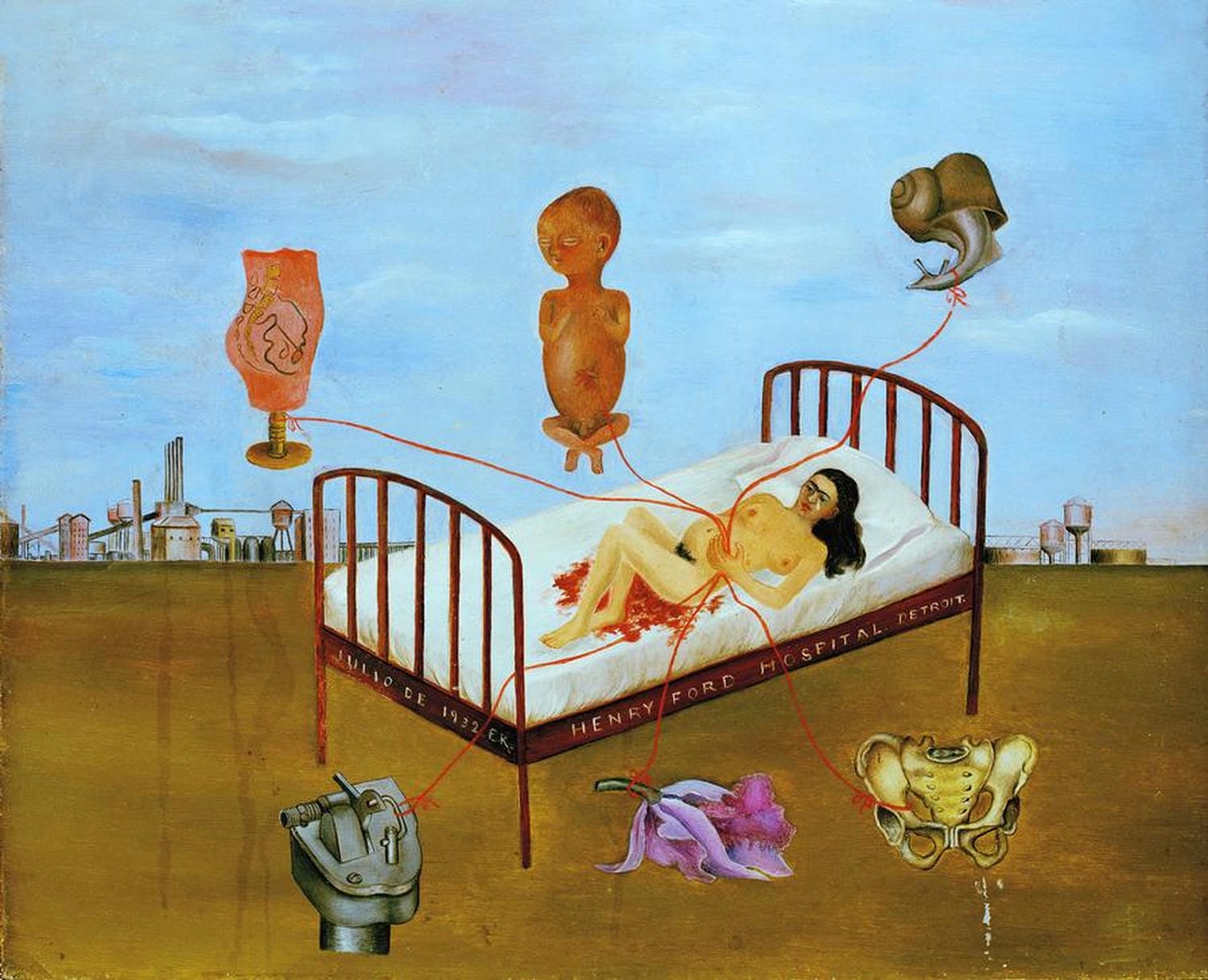 Kunstdruck von Frida Kahlos Henry Ford Hospital (Das fliegende Bett), das die Künstlerin nackt auf einem schwebenden Krankenhausbett zeigt, umgeben von symbolischen Objekten, die ihre Schmerzen darstellen.