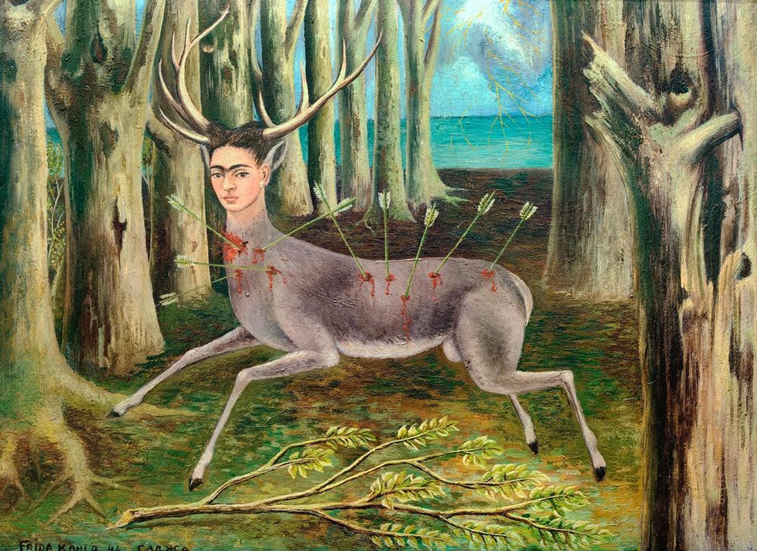 Kunstdruck von Frida Kahlos Der verwundete Hirsch, das ein Selbstporträt als von Pfeilen durchbohrten Hirsch vor einem düsteren Wald zeigt.