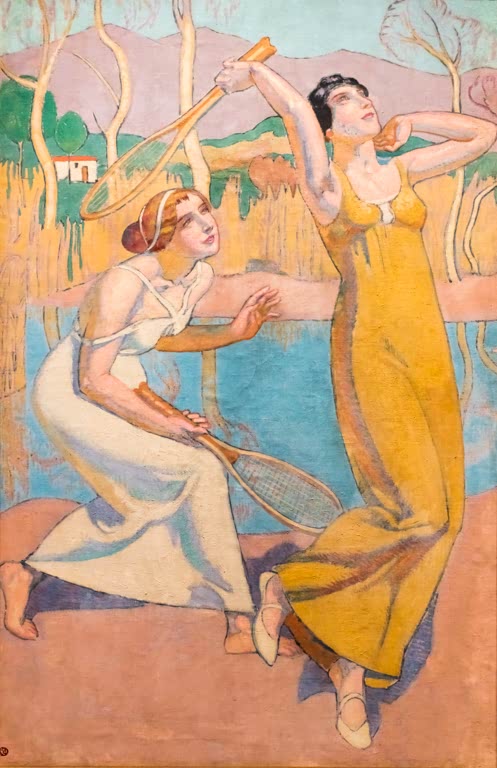 Gemälde "Tennis II" von Maurice Denis mit Tennisszene im Garten, beobachtet von elegant gekleideten Personen.