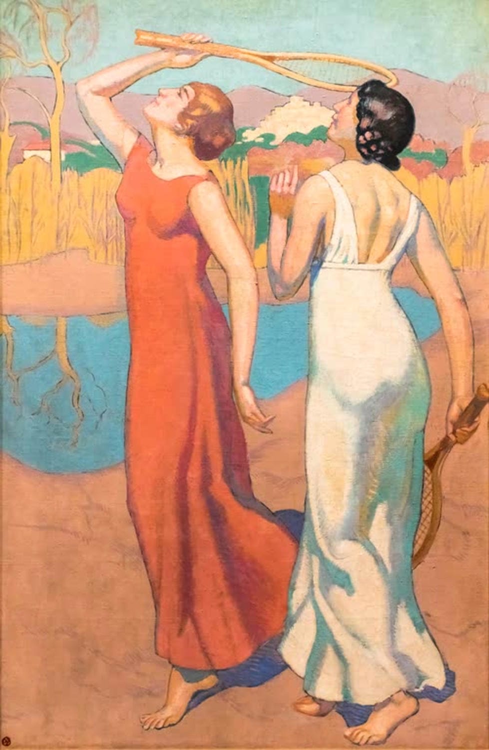 Gemälde "Tennis I" von Maurice Denis mit Tennisspiel im Garten, stilisiert und dekorativ im Nabis-Stil.