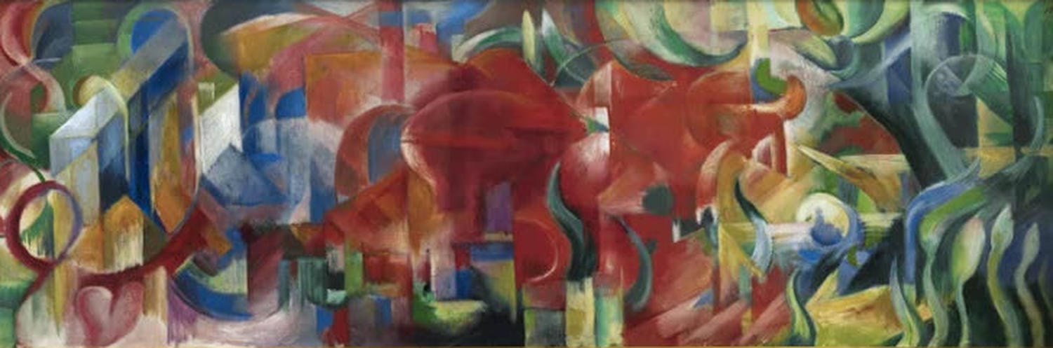 Kunstdruck „Spielende Formen“ von Franz Marc – farbenfrohe abstrakte Komposition als hochwertiger Kunstdruck, auf Leinwand oder Poster, optional gerahmt, handgefertigt in Deutschland.