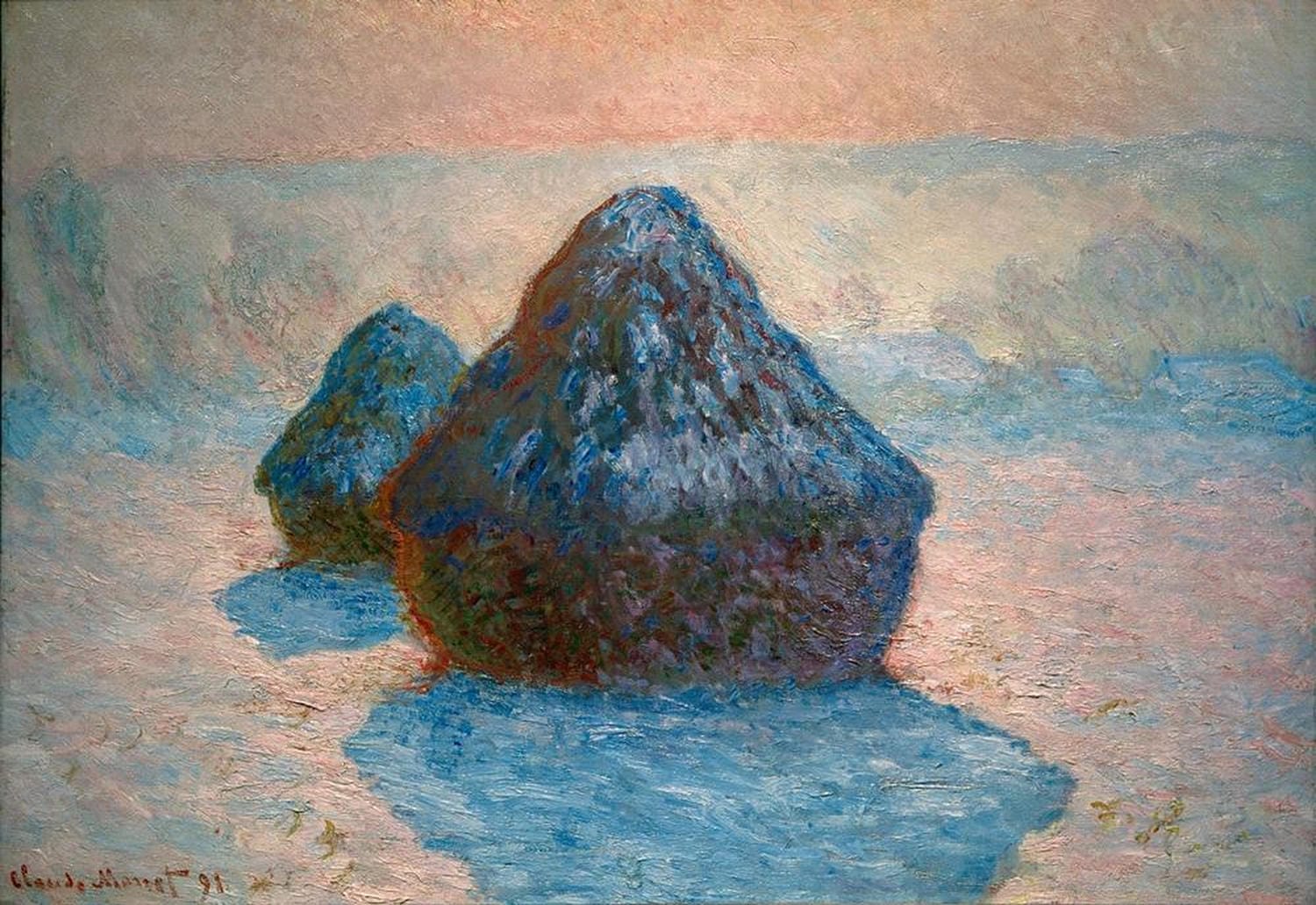 Heuschober, Effekt bei Schnee von Claude Monet: Impressionistisches Gemälde eines Heuschobers in einer verschneiten Landschaft, mit weichen, schneeweißen Tönen und sanften Lichtreflexionen, die die winterliche Atmosphäre einfangen.