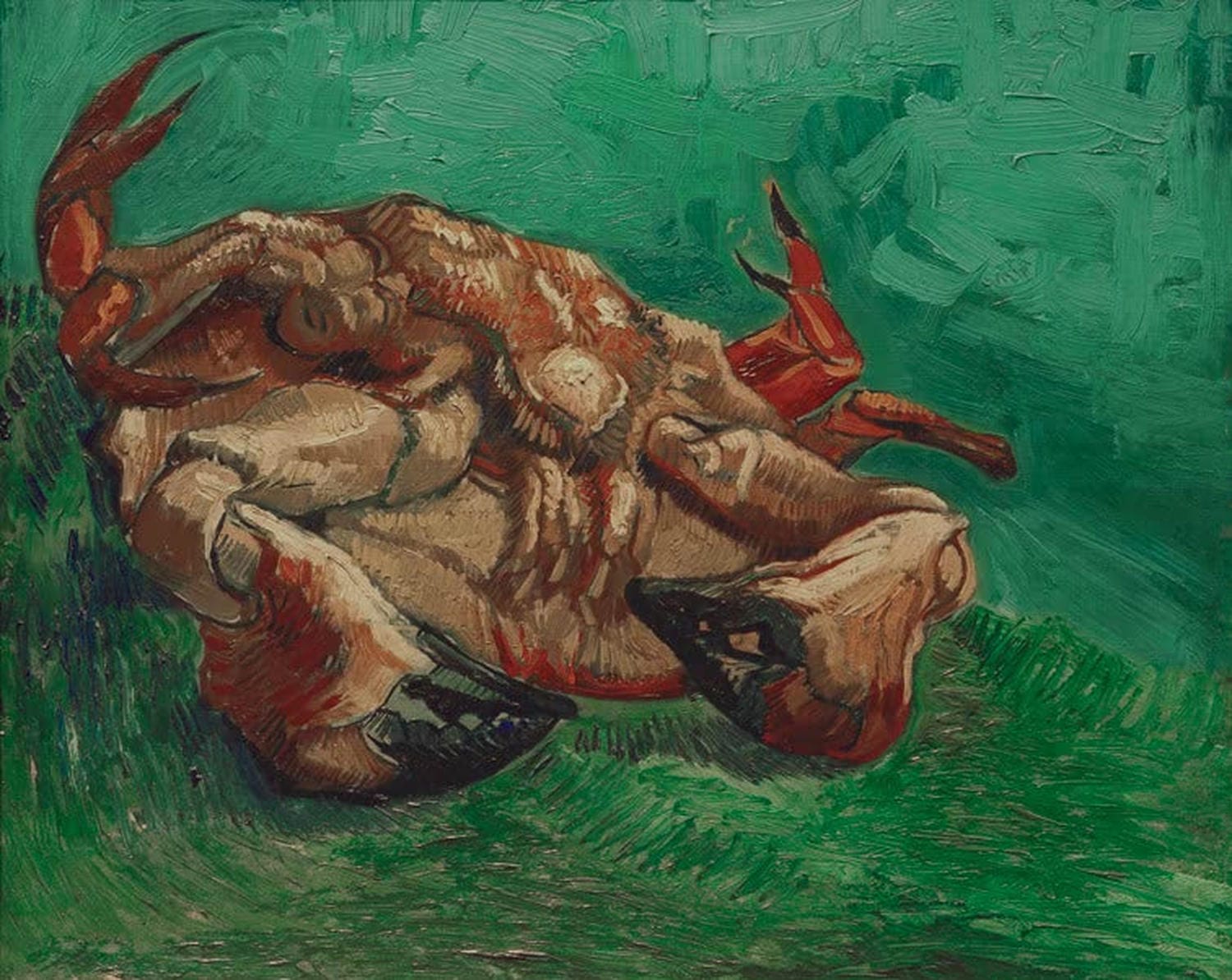 „Krebs auf dem Rücken liegend“ von Vincent van Gogh: roter Krebs auf dunklem Grund, mit kräftigen Kontrasten und markanten, sichtbaren Pinselstrichen.