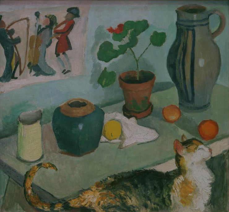 Gemälde Der Geist im Hausgestühl: Stillleben mit Katze von August Macke mit Tisch, Krügen, Früchten und einer Katze