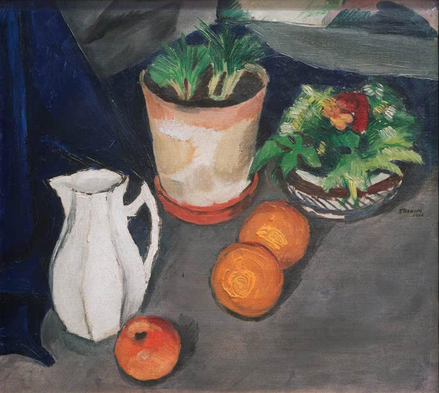 Gemälde Stillleben mit Milchkrug und Blumen von August Macke mit Krug, Früchten und Blumentöpfen