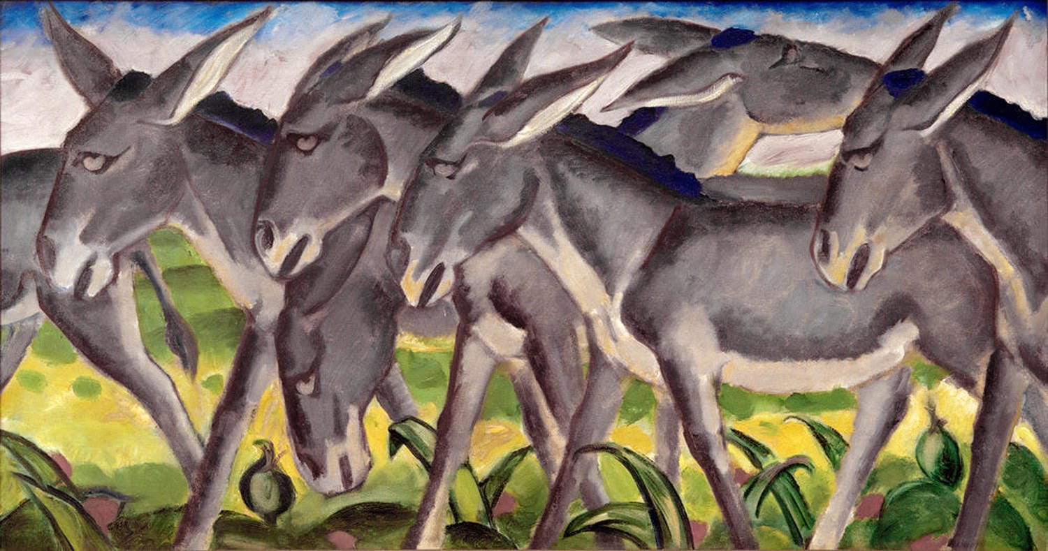 „Eselfries“ von Franz Marc – Farbintensive Darstellung mehrerer Esel in dynamischer Anordnung vor abstraktem Hintergrund.