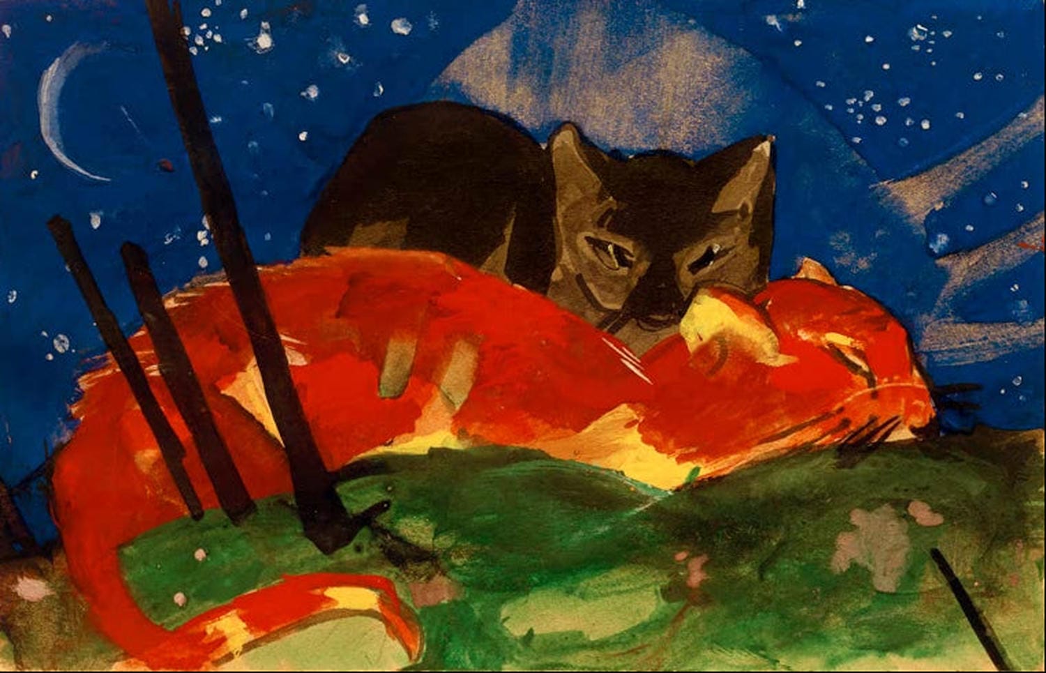 Kunstdruck „Zwei Katzen“ von Franz Marc – farbenfrohes expressionistisches Katzenpaar als hochwertiger Kunstdruck, auf Leinwand oder Poster, optional gerahmt, handgefertigt in Deutschland.