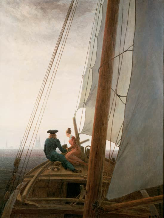 „Auf dem Segler“ von Caspar David Friedrich – romantische Meereslandschaft mit Segelschiff auf ruhigem Wasser.