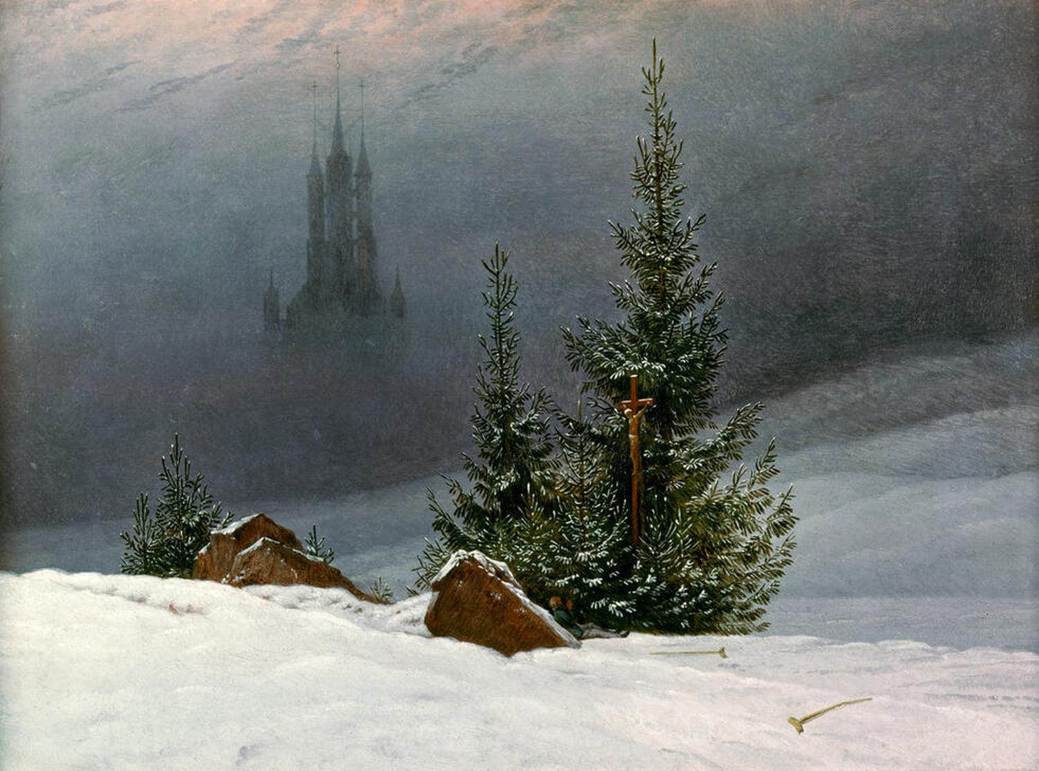 Winterliche Landschaft mit verschneiter Kirche, Bäumen und betender Figur von Caspar David Friedrich.