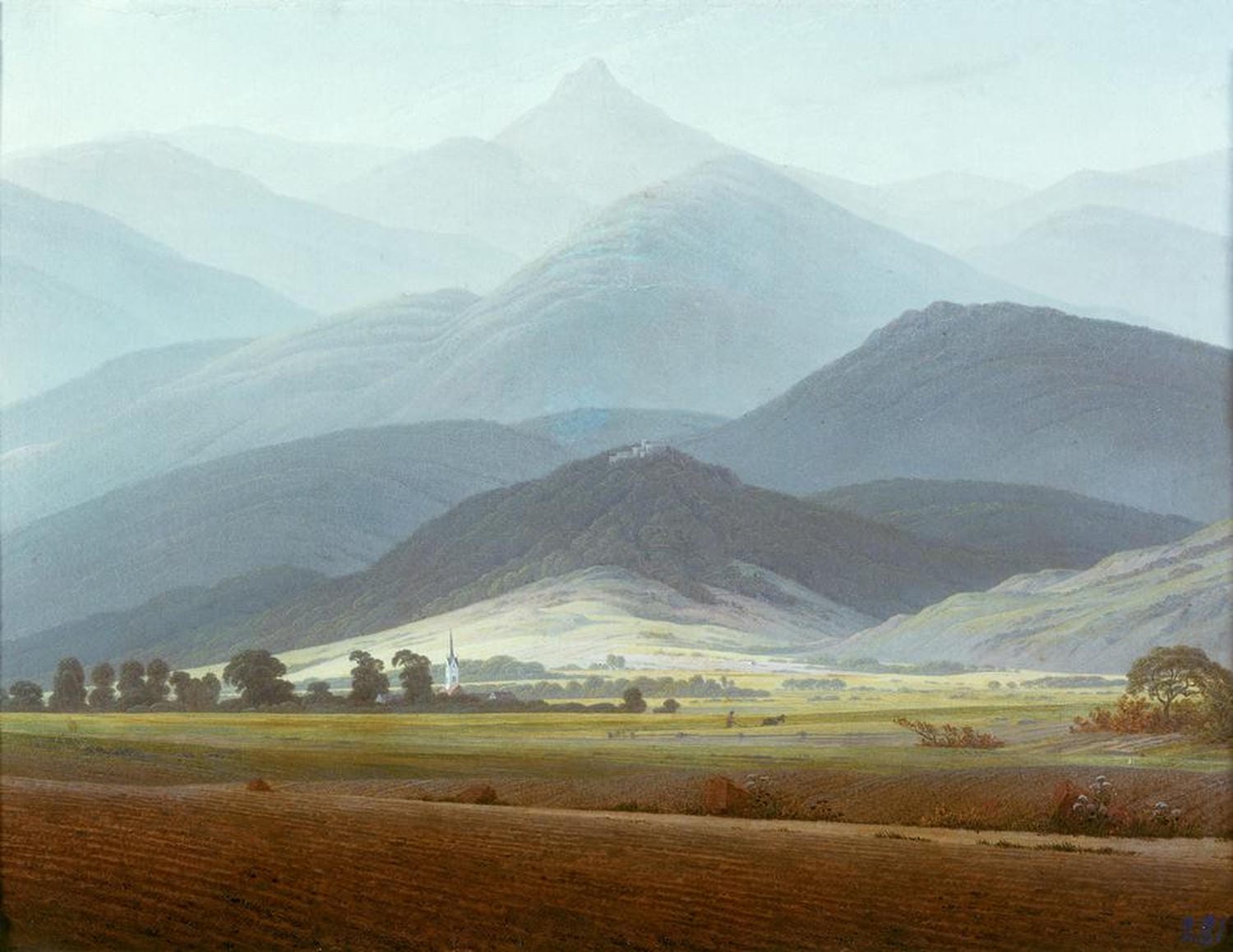 Romantische Gebirgslandschaft mit Felsen, Bäumen und Weitblick, gemalt von Caspar David Friedrich.