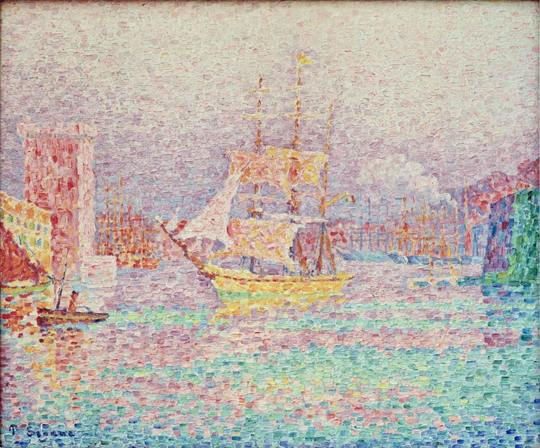 „Hafen von Marseille“ von Paul Signac – farbenfrohe neoimpressionistische Hafenszene mit Schiffen, Booten und mediterraner Küstenlandschaft.