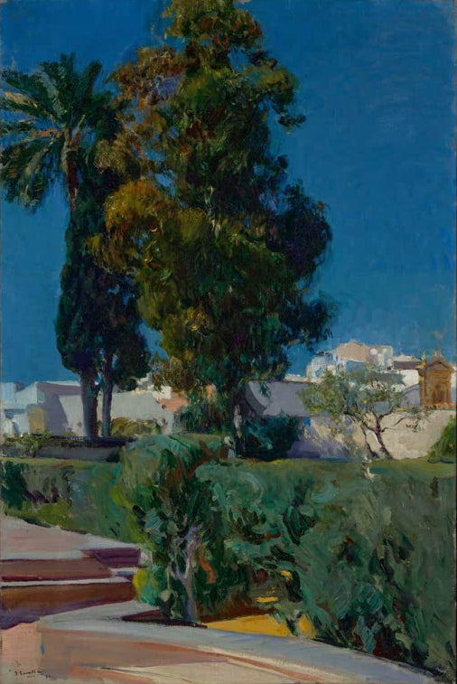 "Corner of the Garden, Alcázar, Sevilla" von Joaquín Sorolla – sonniger Garten mit üppiger Vegetation im Alcázar von Sevilla.
