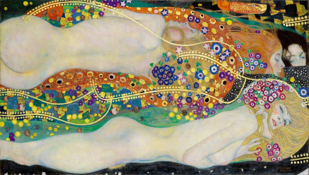 Gustav Klimt Gemälde „Wasserschlangen II“ – dekorative, ornamentale Darstellung mit fließenden Linien und lebendigen Farben.