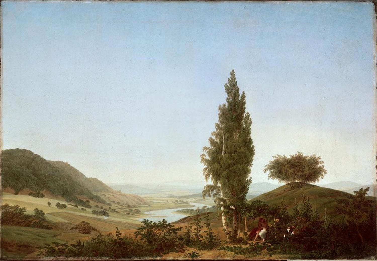 Kunstreproduktion von Caspar David Friedrichs Der Sommer mit ruhiger Landschaft, Bäumen und ruhender Figur.