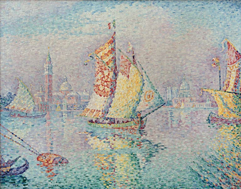 „Lagune, Gelbes Segel“ von Paul Signac – farbenfrohe Lagunenlandschaft mit einem leuchtend gelben Segel auf dem Wasser.