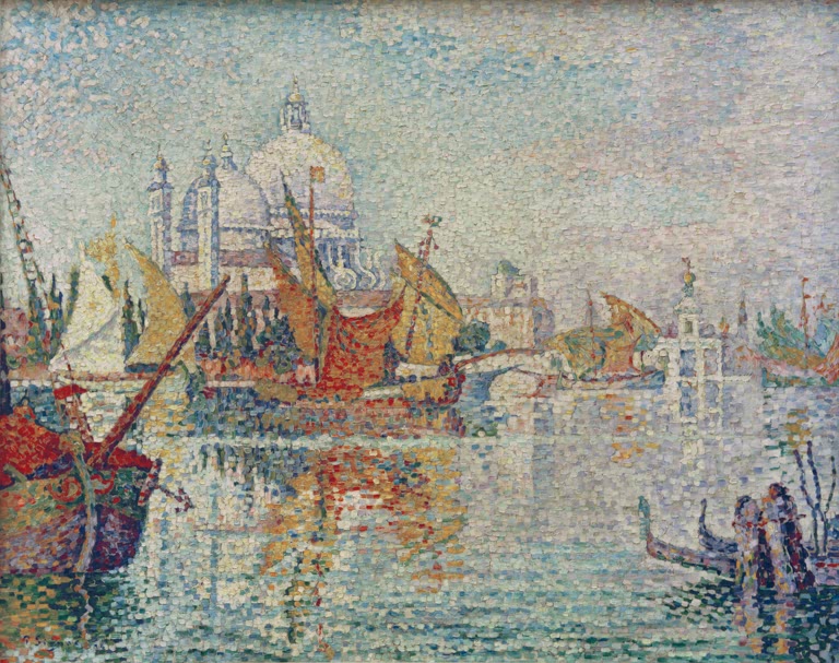 „Venedig, Ankerplatz Giudecca“ von Paul Signac – farbenfrohe Ansicht des venezianischen Ankerplatzes mit Booten, Wasser und Stadtsilhouette.