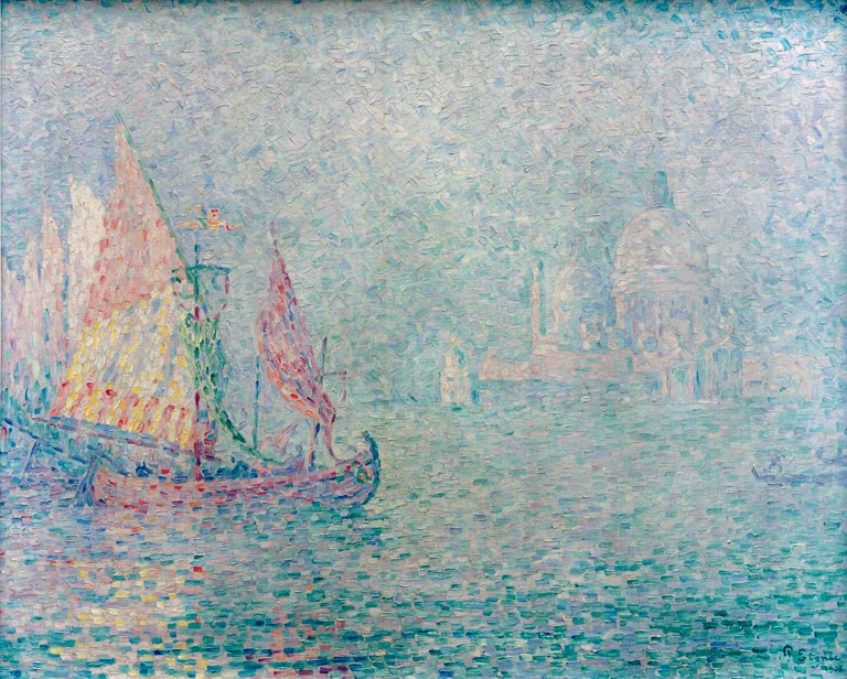 „Venedig bei Nebel“ von Paul Signac – stimmungsvolle Ansicht von Venedig mit Booten, Wasser und sanftem Nebel.