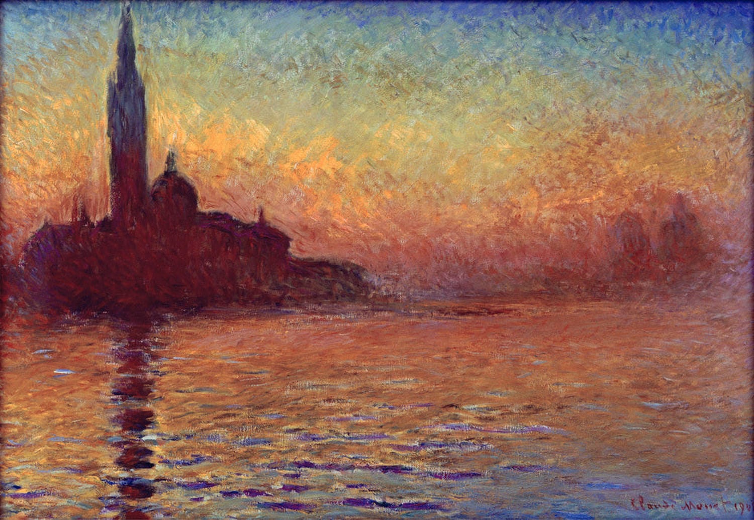 Das Gemälde zeigt die Kirche San Giorgio Maggiore in Venedig bei Dämmerung. Der Himmel ist in sanften Blau-, Lila- und Orangetönen gehalten, die sich im ruhigen Wasser spiegeln. 