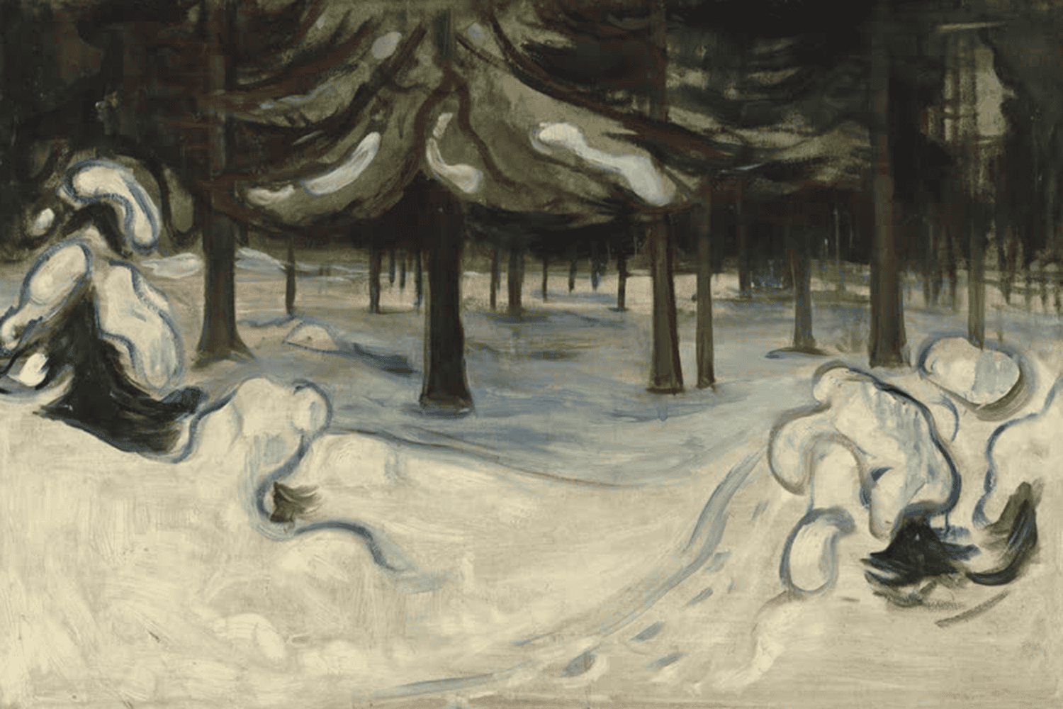 Gemälde „Winter im Wald“ von Edvard Munch mit verschneiter Waldlandschaft