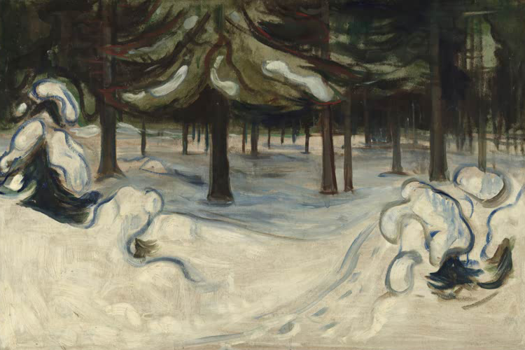 Gemälde „Winter im Wald“ von Edvard Munch mit verschneiter Waldlandschaft
