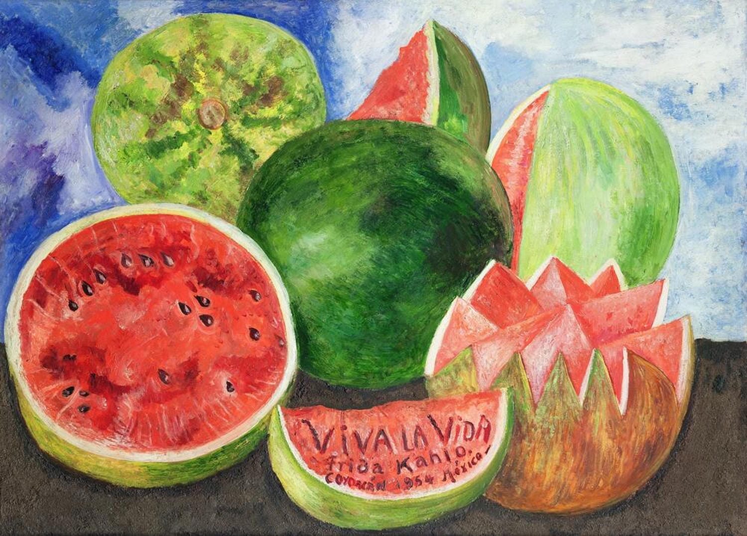 Kunstdruck von Frida Kahlos Es lebe das Leben, das eine arrangierte Darstellung von Wassermelonen zeigt, mit der Inschrift „Viva la Vida“ in einer der Fruchtscheiben, die Lebensfreude und Vitalität symbolisiert.