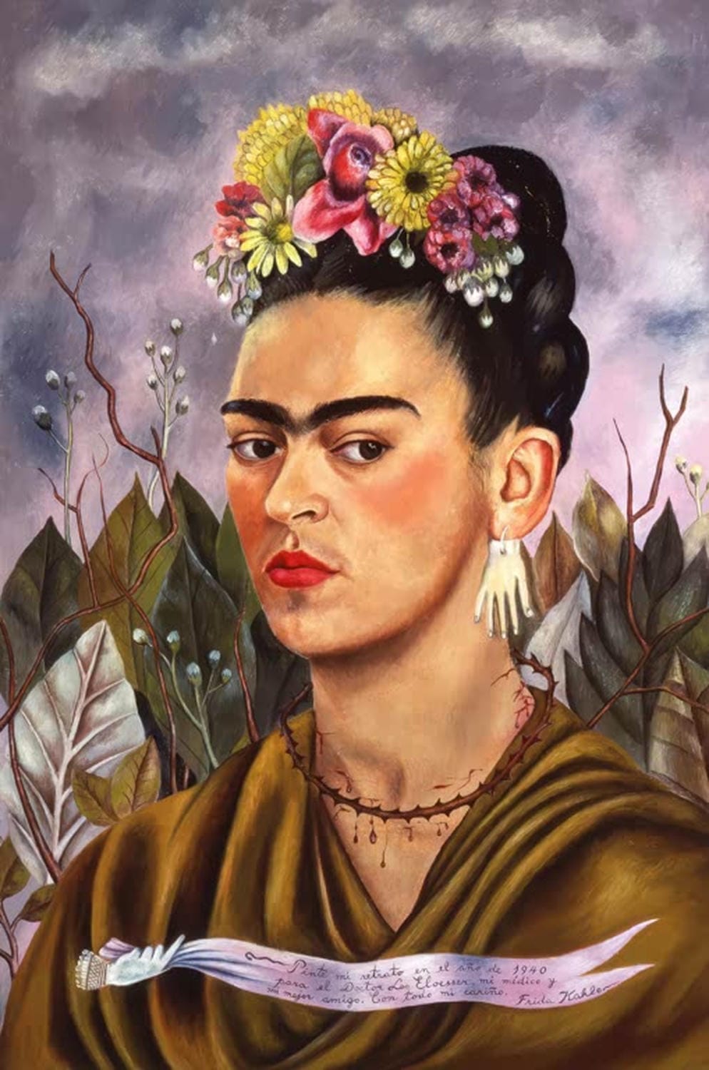 Frida Kahlo Selbstporträt mit Widmung an Doktor Eloesser, ruhiger Blick und klassisches Porträt im modernen Stil.