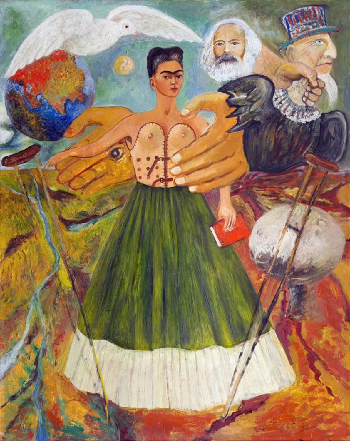 Frida Kahlo Gemälde „Der Marxismus wird den Kranken Gesundheit bringen“, politisches Selbstporträt mit symbolischer Darstellung von Heilung.